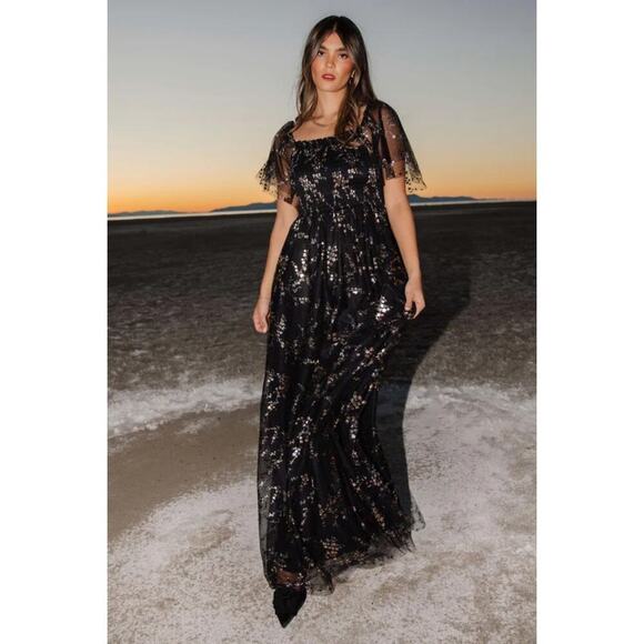 Baltic Born Black & Gold Metallic Floral Cassandra Tulle Maxi Dress Size Small - Picture 1 of 9